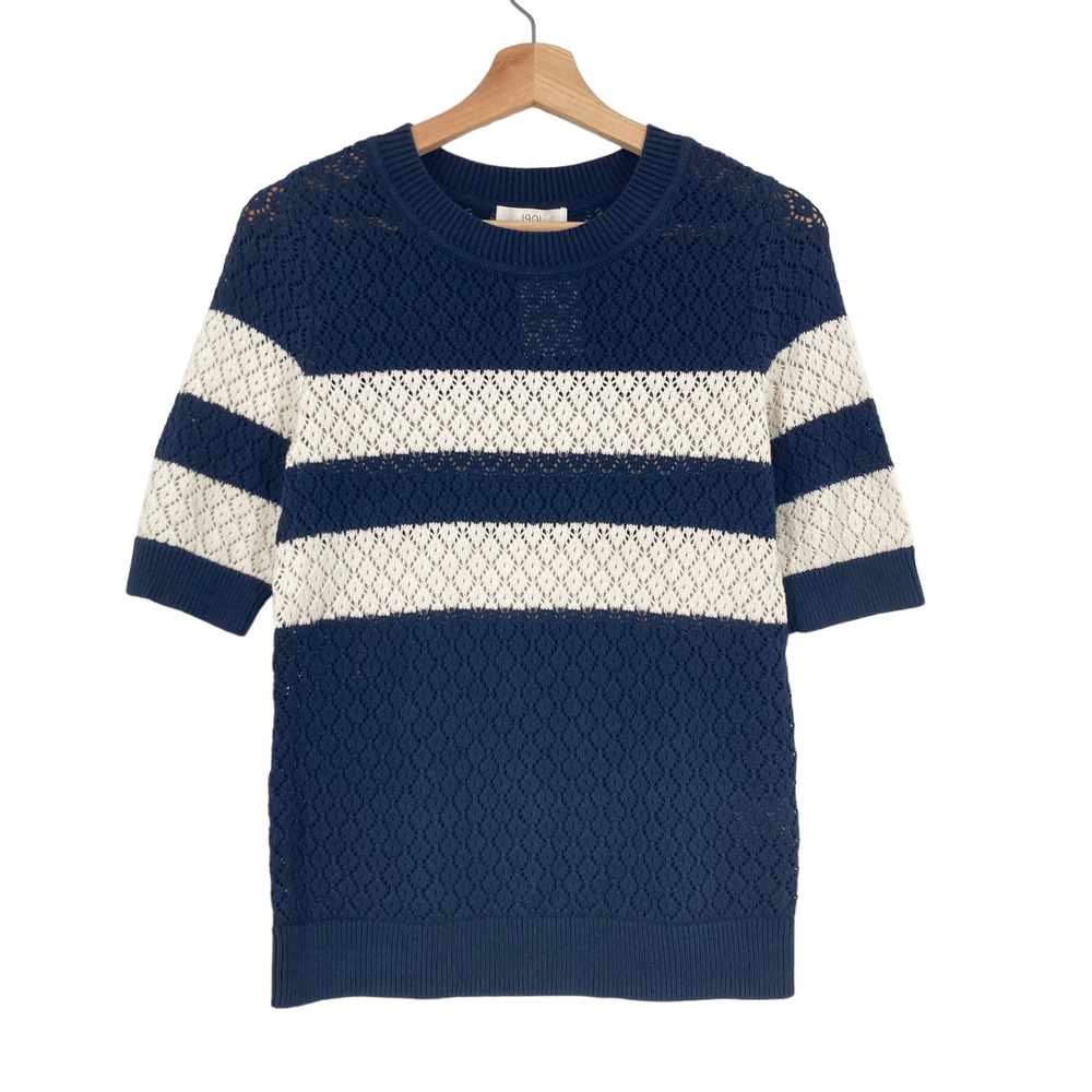 Nordstrom 1901 Knit Short Sleeve Sweater Block Stripe Navy Crew